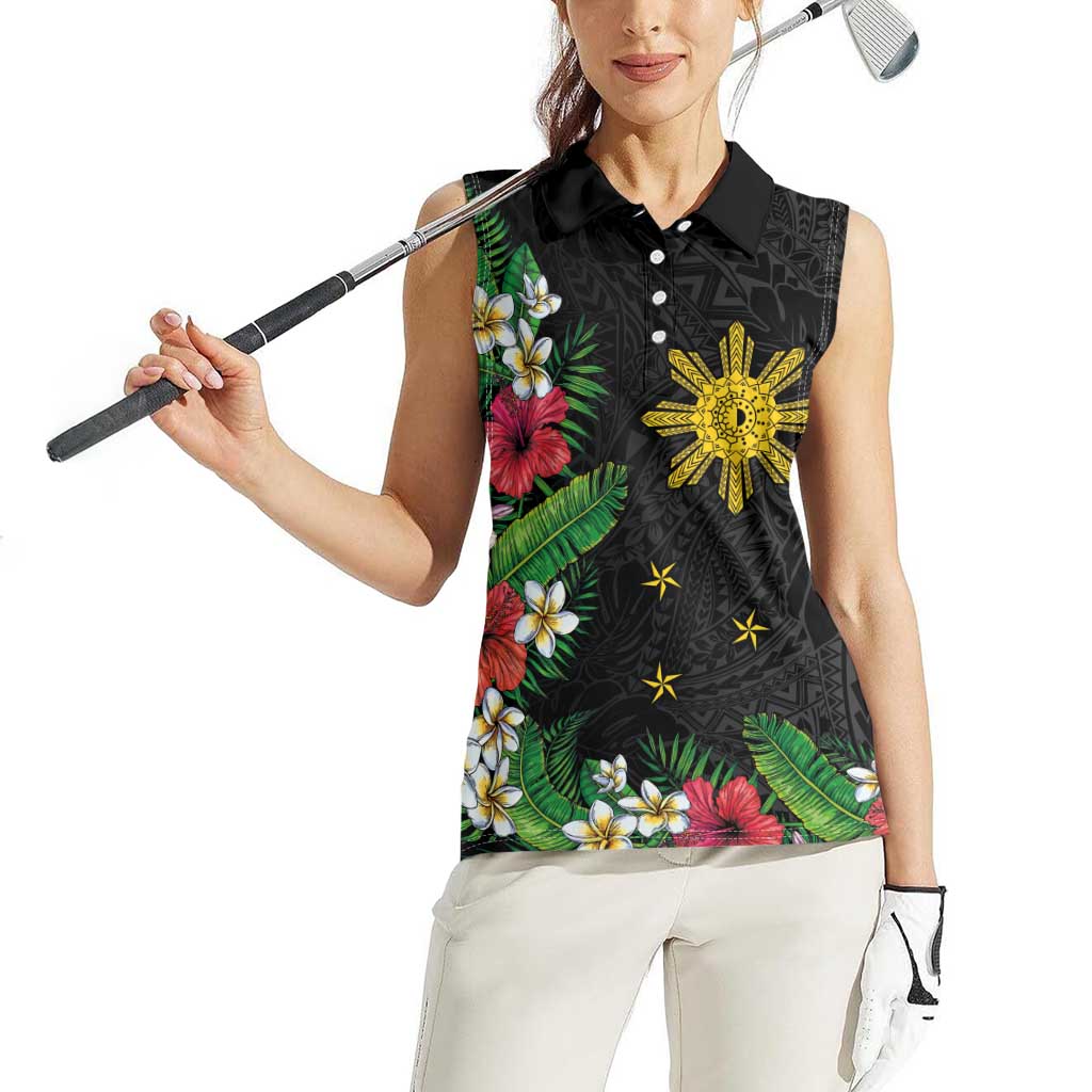 Tropical Hawaii and Philippines Women Sleeveless Polo Shirt Kanaka Maoli and Sun Badge Batok Tattoo Colorful LT03 - Polynesian Pride