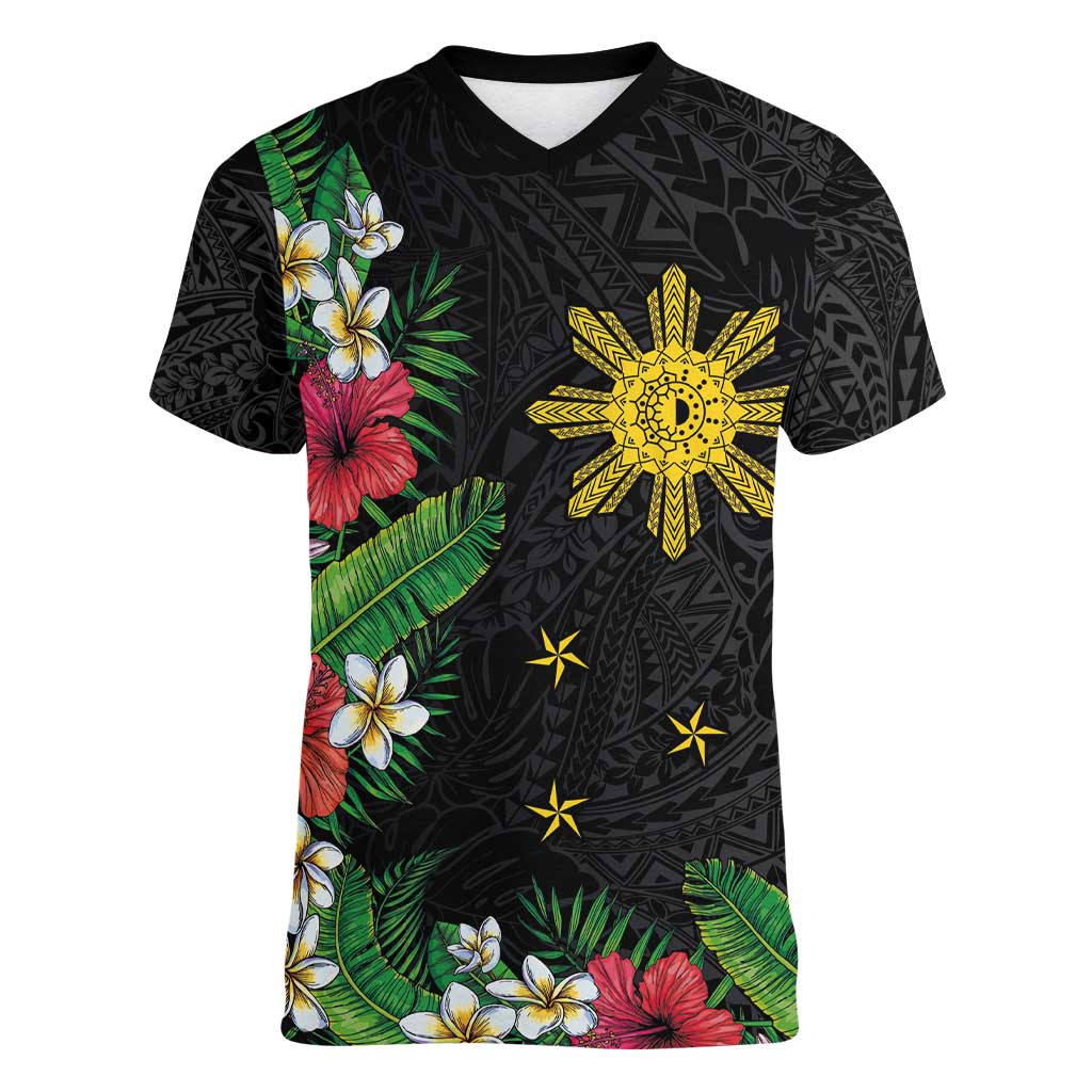 Tropical Hawaii and Philippines Women V-Neck T-Shirt Kanaka Maoli and Sun Badge Batok Tattoo Colorful LT03 Female Black - Polynesian Pride