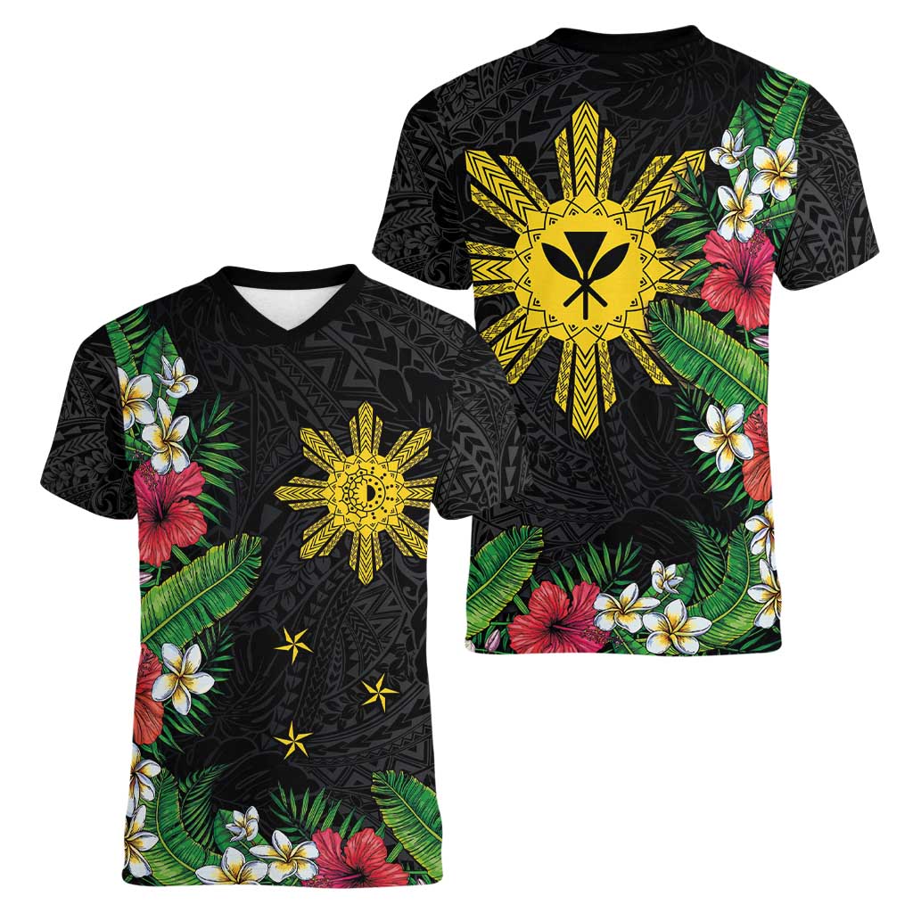 Tropical Hawaii and Philippines Women V-Neck T-Shirt Kanaka Maoli and Sun Badge Batok Tattoo Colorful LT03 - Polynesian Pride