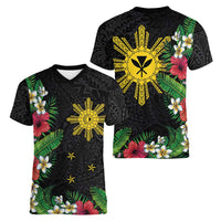 Tropical Hawaii and Philippines Women V-Neck T-Shirt Kanaka Maoli and Sun Badge Batok Tattoo Colorful LT03 - Polynesian Pride