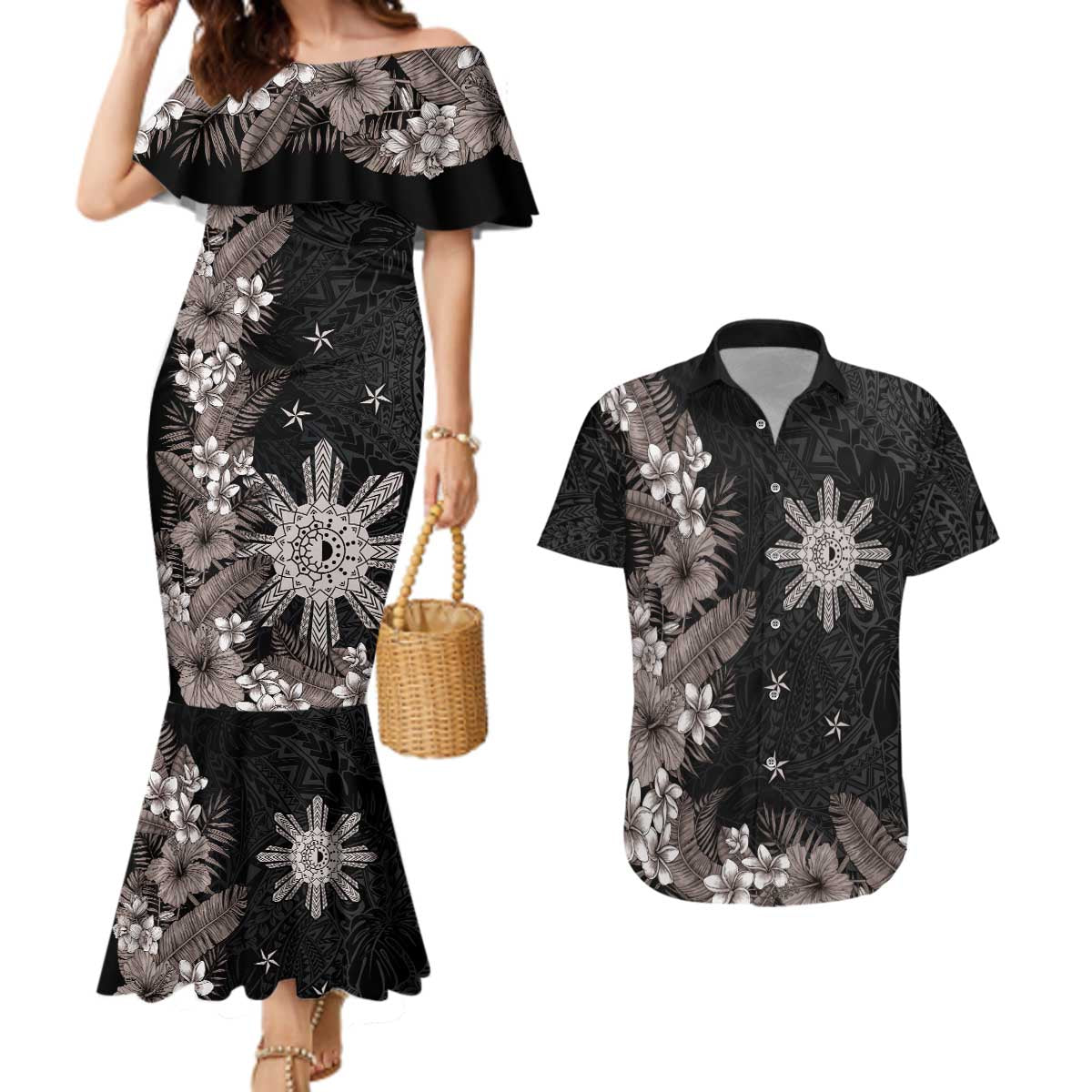 Tropical Hawaii and Philippines Couples Matching Mermaid Dress and Hawaiian Shirt Kanaka Maoli and Sun Badge Batok Tattoo Grayscale LT03 Black - Polynesian Pride