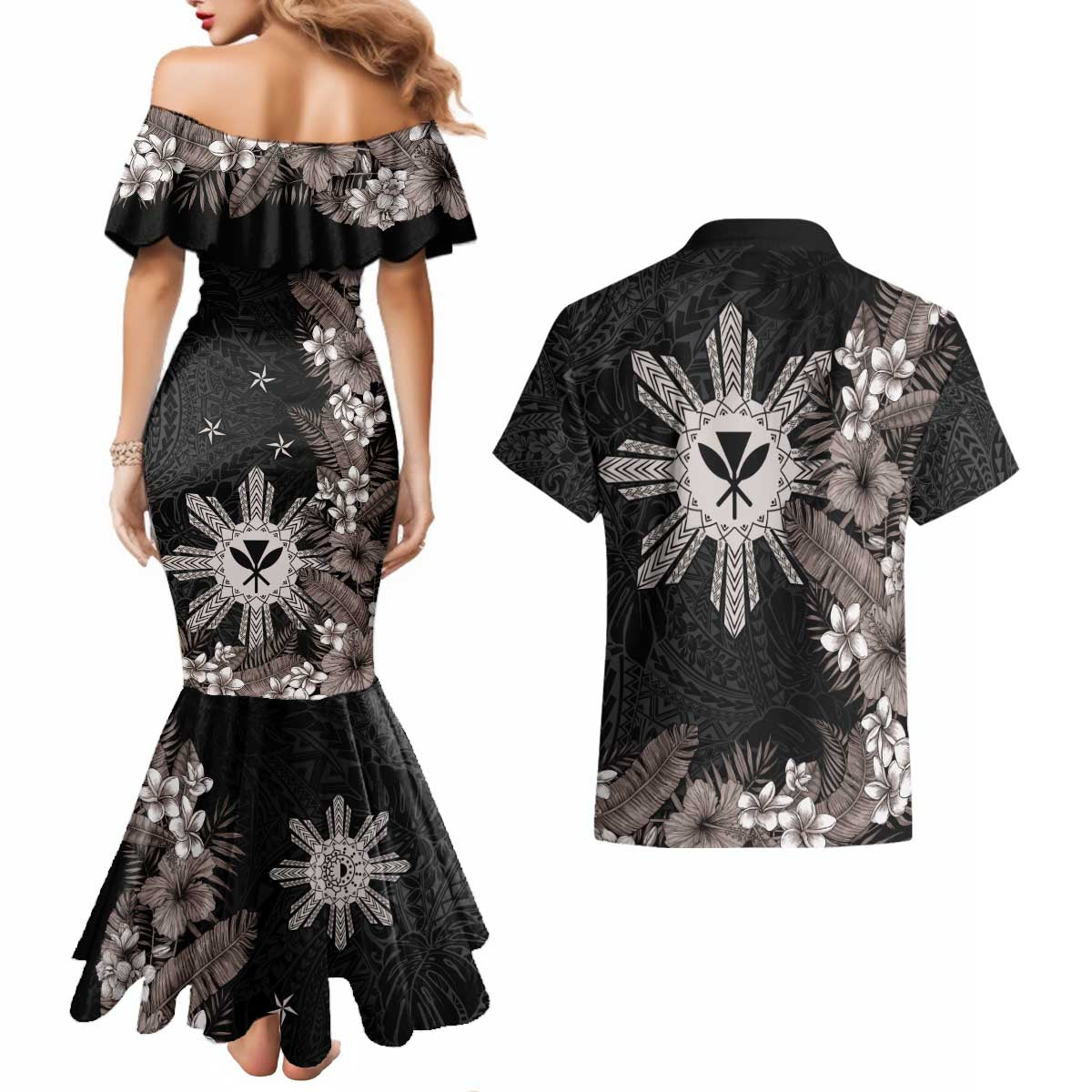 Tropical Hawaii and Philippines Couples Matching Mermaid Dress and Hawaiian Shirt Kanaka Maoli and Sun Badge Batok Tattoo Grayscale LT03 - Polynesian Pride