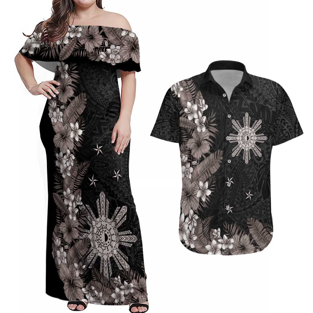 Tropical Hawaii and Philippines Couples Matching Off Shoulder Maxi Dress and Hawaiian Shirt Kanaka Maoli and Sun Badge Batok Tattoo Grayscale LT03 Black - Polynesian Pride