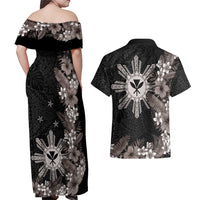 Tropical Hawaii and Philippines Couples Matching Off Shoulder Maxi Dress and Hawaiian Shirt Kanaka Maoli and Sun Badge Batok Tattoo Grayscale LT03 - Polynesian Pride