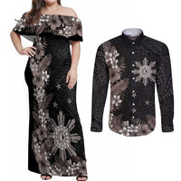 Tropical Hawaii and Philippines Couples Matching Off Shoulder Maxi Dress and Long Sleeve Button Shirt Kanaka Maoli and Sun Badge Batok Tattoo Grayscale LT03 Black - Polynesian Pride