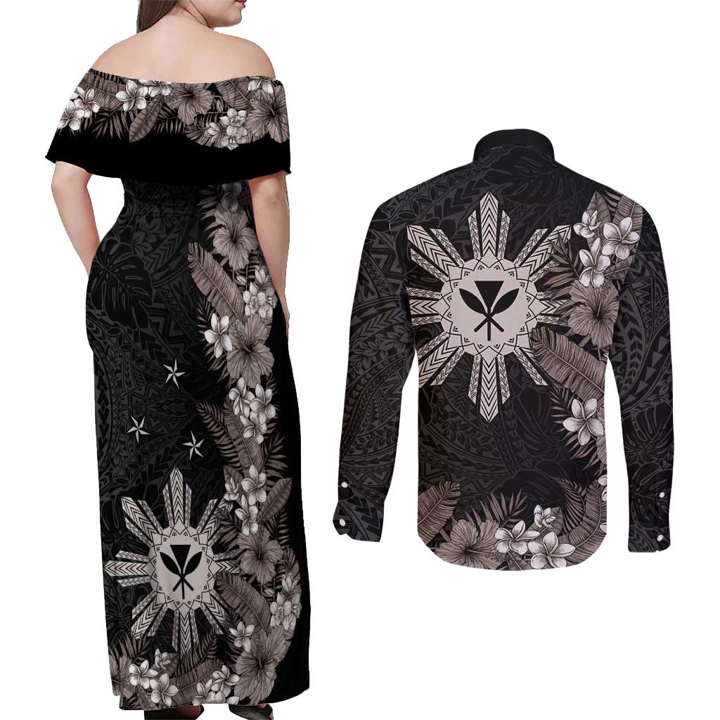 Tropical Hawaii and Philippines Couples Matching Off Shoulder Maxi Dress and Long Sleeve Button Shirt Kanaka Maoli and Sun Badge Batok Tattoo Grayscale LT03 - Polynesian Pride