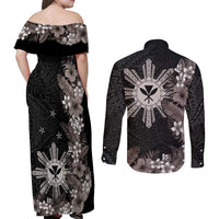 Tropical Hawaii and Philippines Couples Matching Off Shoulder Maxi Dress and Long Sleeve Button Shirt Kanaka Maoli and Sun Badge Batok Tattoo Grayscale LT03 - Polynesian Pride