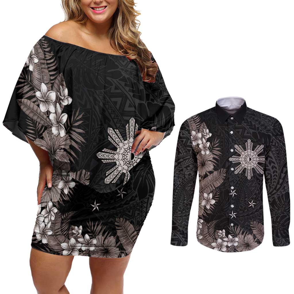 Tropical Hawaii and Philippines Couples Matching Off Shoulder Short Dress and Long Sleeve Button Shirt Kanaka Maoli and Sun Badge Batok Tattoo Grayscale LT03 Black - Polynesian Pride