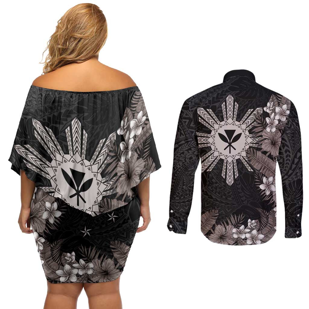 Tropical Hawaii and Philippines Couples Matching Off Shoulder Short Dress and Long Sleeve Button Shirt Kanaka Maoli and Sun Badge Batok Tattoo Grayscale LT03 - Polynesian Pride