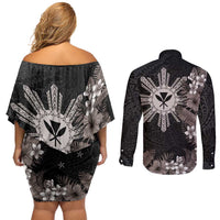 Tropical Hawaii and Philippines Couples Matching Off Shoulder Short Dress and Long Sleeve Button Shirt Kanaka Maoli and Sun Badge Batok Tattoo Grayscale LT03 - Polynesian Pride