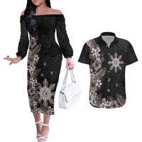 Tropical Hawaii and Philippines Couples Matching Off The Shoulder Long Sleeve Dress and Hawaiian Shirt Kanaka Maoli and Sun Badge Batok Tattoo Grayscale LT03 Black - Polynesian Pride