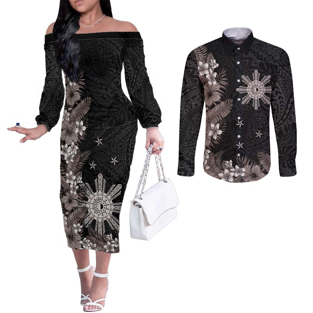 Tropical Hawaii and Philippines Couples Matching Off The Shoulder Long Sleeve Dress and Long Sleeve Button Shirt Kanaka Maoli and Sun Badge Batok Tattoo Grayscale LT03 Black - Polynesian Pride