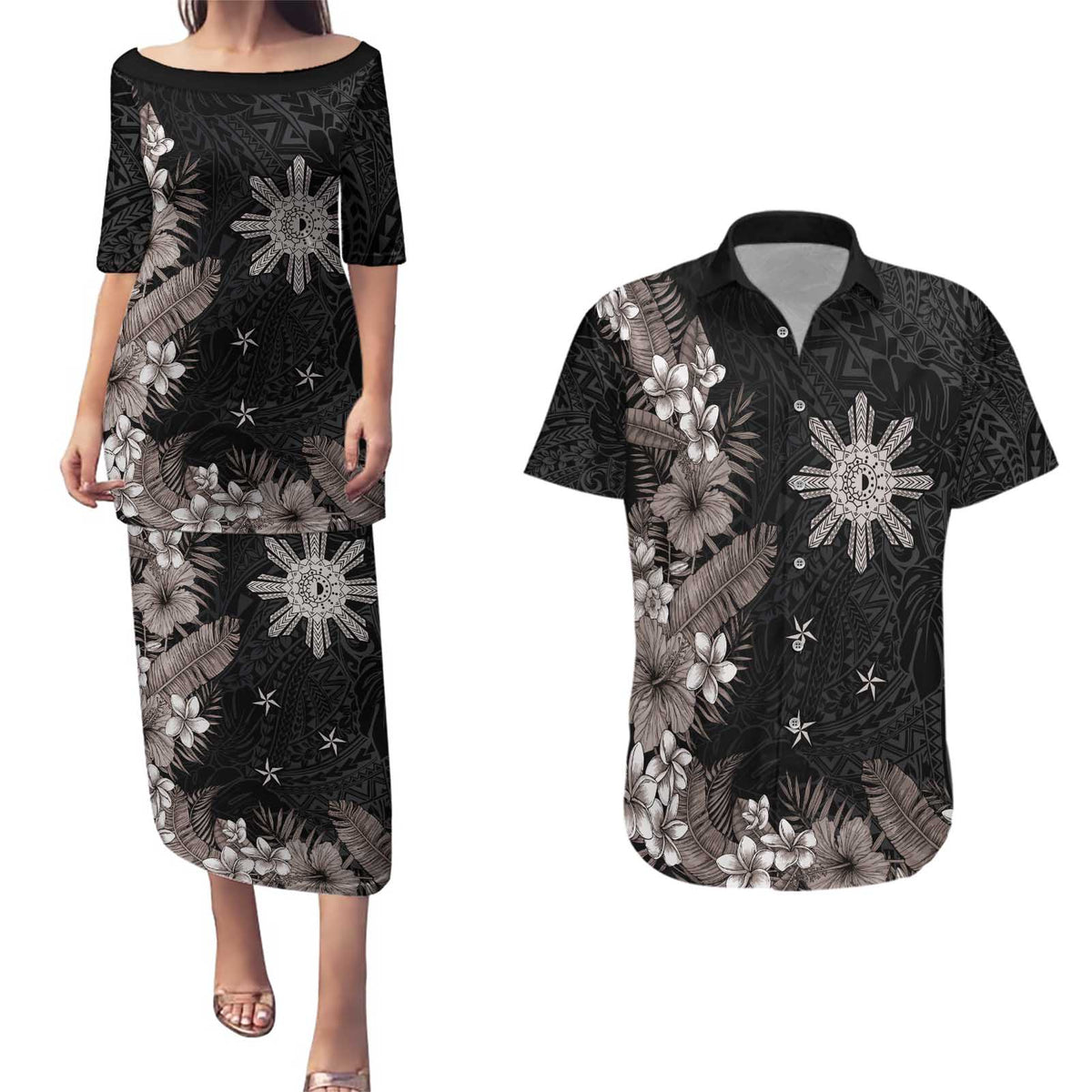 Tropical Hawaii and Philippines Couples Matching Puletasi and Hawaiian Shirt Kanaka Maoli and Sun Badge Batok Tattoo Grayscale LT03 Black - Polynesian Pride