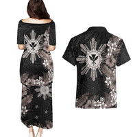 Tropical Hawaii and Philippines Couples Matching Puletasi and Hawaiian Shirt Kanaka Maoli and Sun Badge Batok Tattoo Grayscale LT03 - Polynesian Pride
