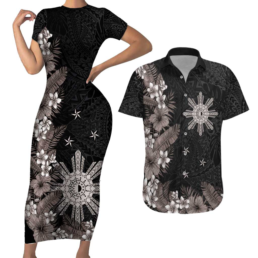 Tropical Hawaii and Philippines Couples Matching Short Sleeve Bodycon Dress and Hawaiian Shirt Kanaka Maoli and Sun Badge Batok Tattoo Grayscale LT03 Black - Polynesian Pride