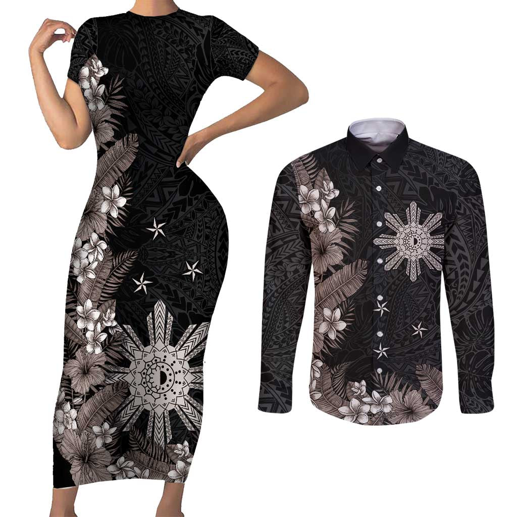 Tropical Hawaii and Philippines Couples Matching Short Sleeve Bodycon Dress and Long Sleeve Button Shirt Kanaka Maoli and Sun Badge Batok Tattoo Grayscale LT03 Black - Polynesian Pride