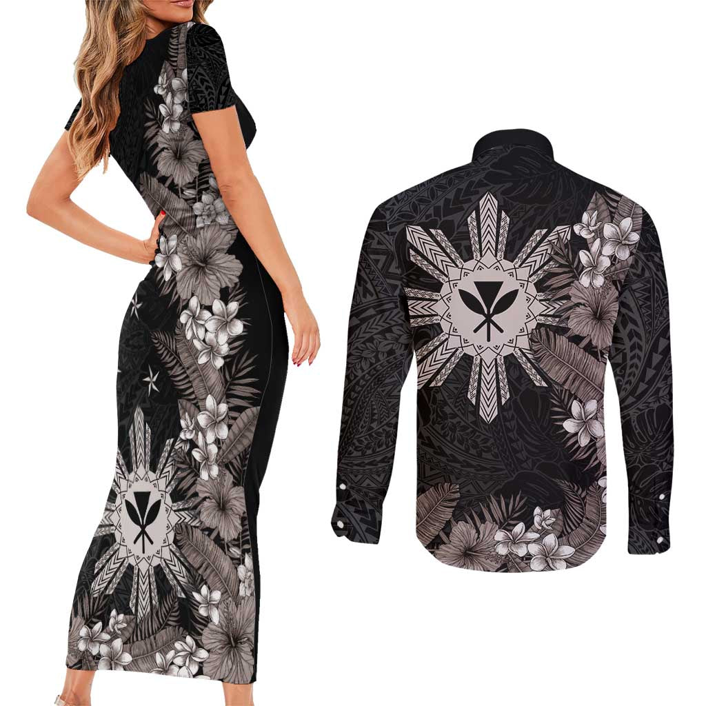 Tropical Hawaii and Philippines Couples Matching Short Sleeve Bodycon Dress and Long Sleeve Button Shirt Kanaka Maoli and Sun Badge Batok Tattoo Grayscale LT03 - Polynesian Pride