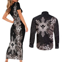 Tropical Hawaii and Philippines Couples Matching Short Sleeve Bodycon Dress and Long Sleeve Button Shirt Kanaka Maoli and Sun Badge Batok Tattoo Grayscale LT03 - Polynesian Pride
