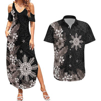 Tropical Hawaii and Philippines Couples Matching Summer Maxi Dress and Hawaiian Shirt Kanaka Maoli and Sun Badge Batok Tattoo Grayscale LT03 Black - Polynesian Pride