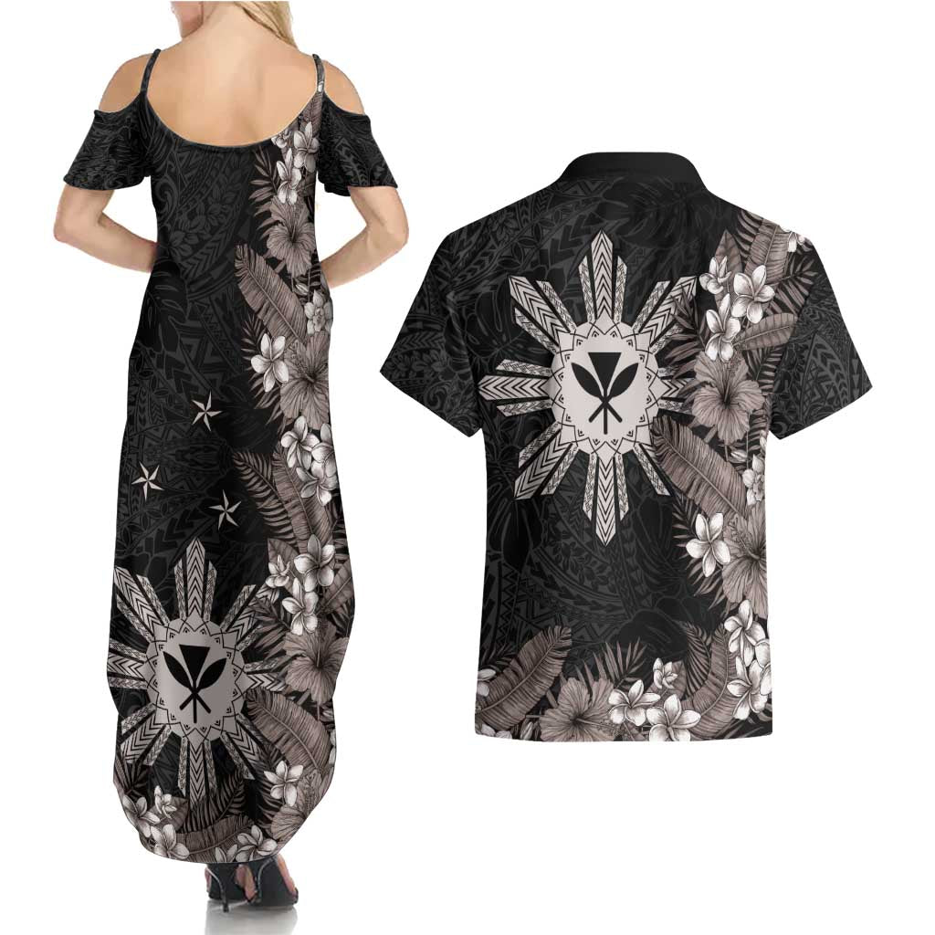 Tropical Hawaii and Philippines Couples Matching Summer Maxi Dress and Hawaiian Shirt Kanaka Maoli and Sun Badge Batok Tattoo Grayscale LT03 - Polynesian Pride