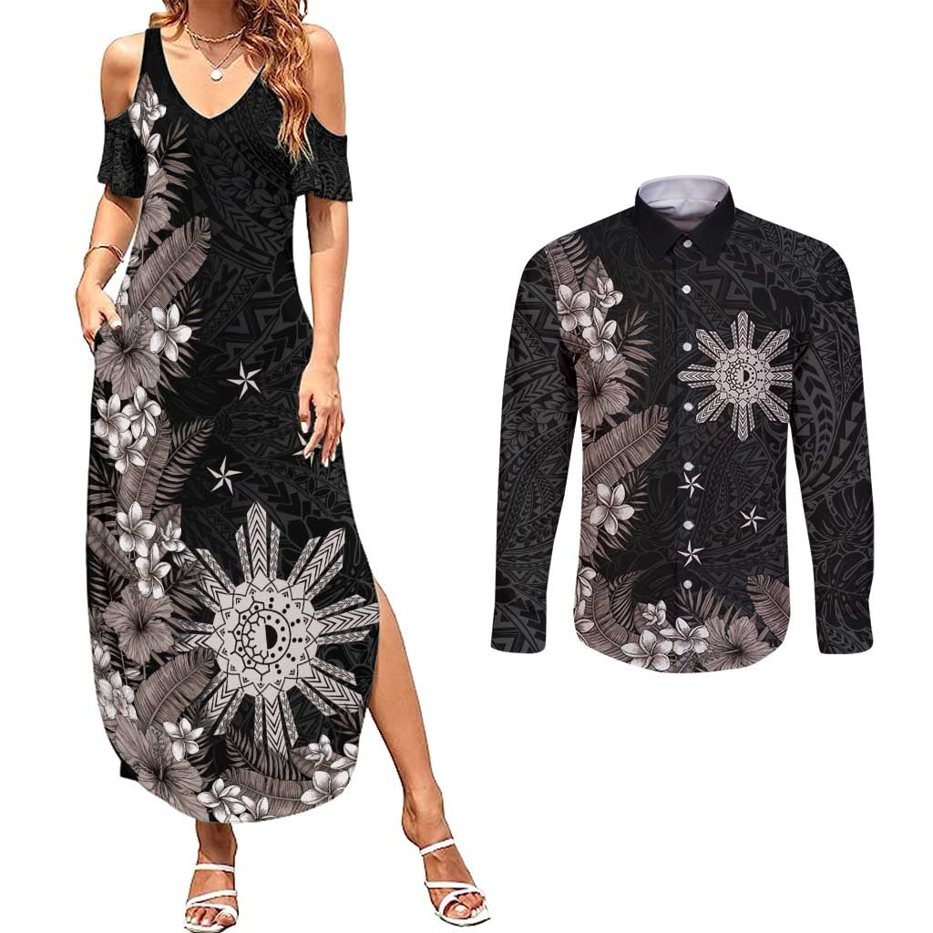 Tropical Hawaii and Philippines Couples Matching Summer Maxi Dress and Long Sleeve Button Shirt Kanaka Maoli and Sun Badge Batok Tattoo Grayscale LT03 Black - Polynesian Pride