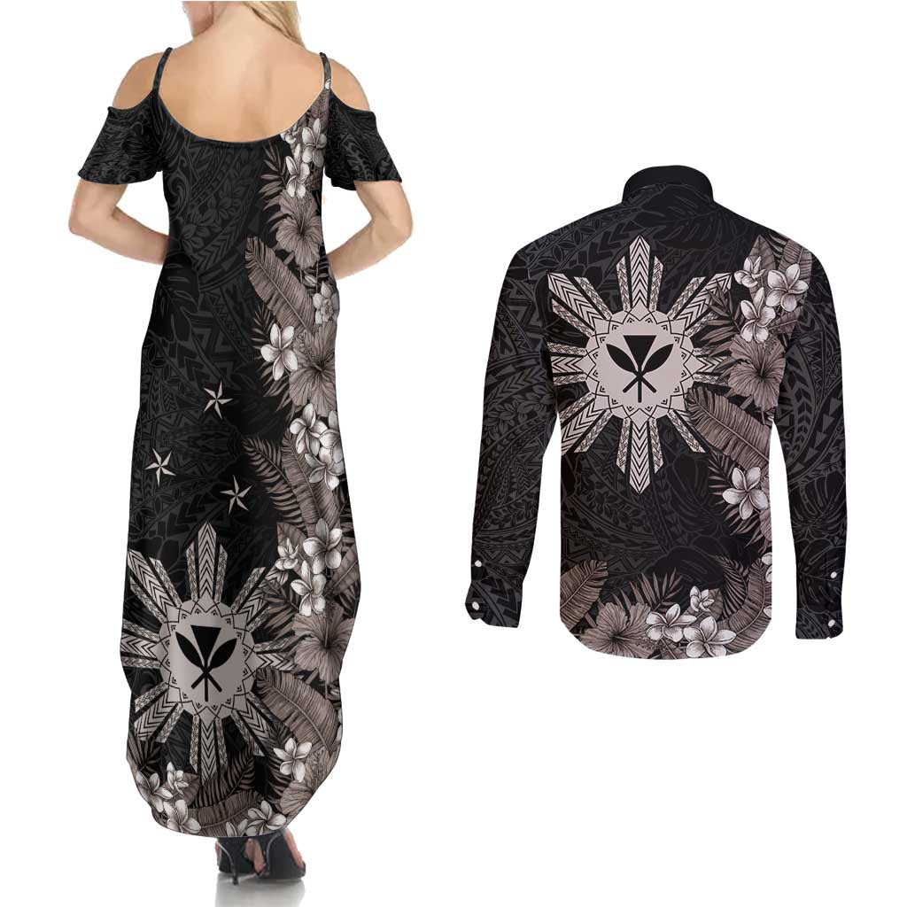 Tropical Hawaii and Philippines Couples Matching Summer Maxi Dress and Long Sleeve Button Shirt Kanaka Maoli and Sun Badge Batok Tattoo Grayscale LT03 - Polynesian Pride