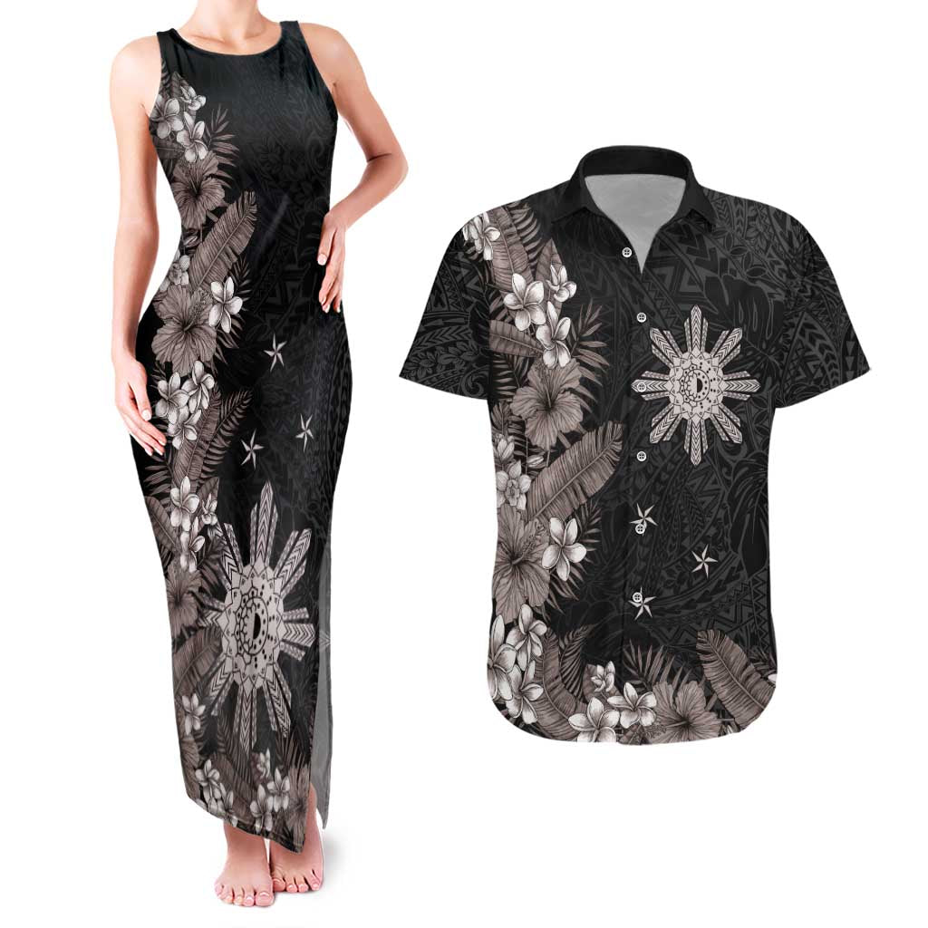 Tropical Hawaii and Philippines Couples Matching Tank Maxi Dress and Hawaiian Shirt Kanaka Maoli and Sun Badge Batok Tattoo Grayscale LT03 Black - Polynesian Pride