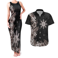 Tropical Hawaii and Philippines Couples Matching Tank Maxi Dress and Hawaiian Shirt Kanaka Maoli and Sun Badge Batok Tattoo Grayscale LT03 Black - Polynesian Pride