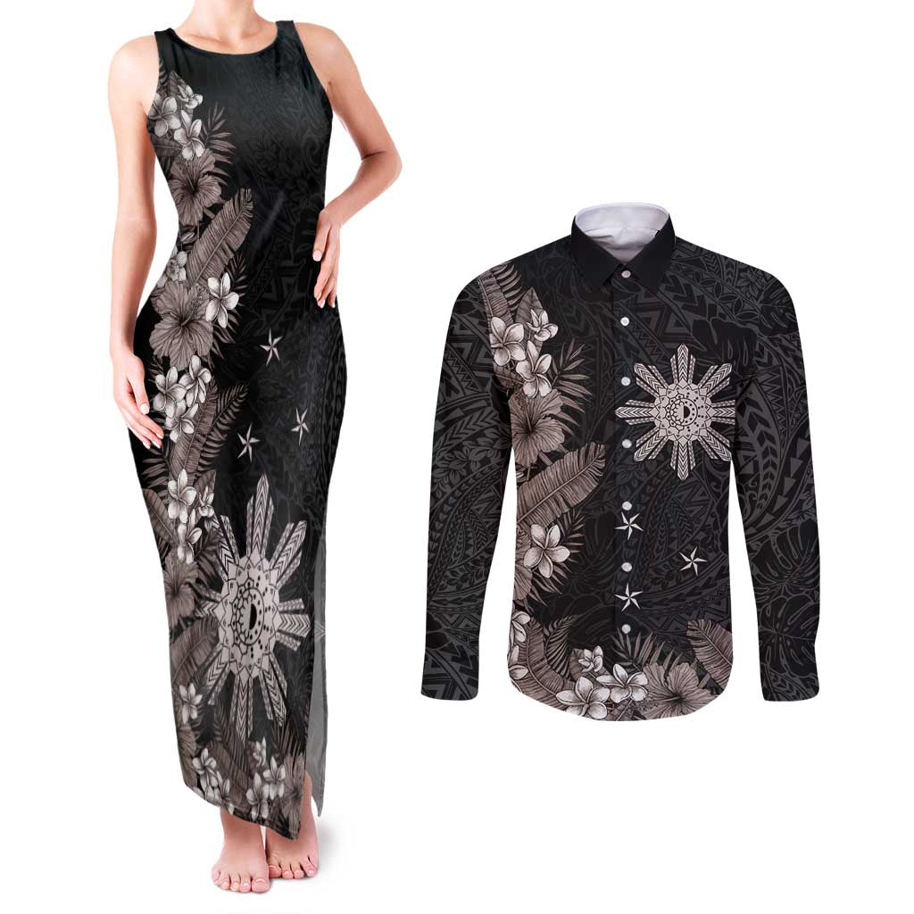 Tropical Hawaii and Philippines Couples Matching Tank Maxi Dress and Long Sleeve Button Shirt Kanaka Maoli and Sun Badge Batok Tattoo Grayscale LT03 Black - Polynesian Pride