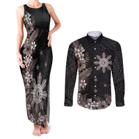 Tropical Hawaii and Philippines Couples Matching Tank Maxi Dress and Long Sleeve Button Shirt Kanaka Maoli and Sun Badge Batok Tattoo Grayscale LT03 Black - Polynesian Pride