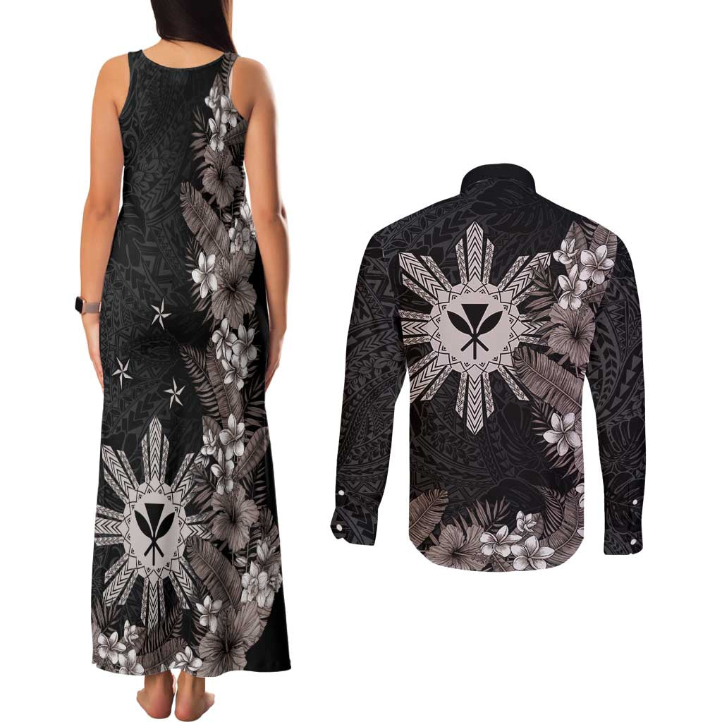 Tropical Hawaii and Philippines Couples Matching Tank Maxi Dress and Long Sleeve Button Shirt Kanaka Maoli and Sun Badge Batok Tattoo Grayscale LT03 - Polynesian Pride