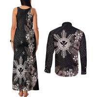Tropical Hawaii and Philippines Couples Matching Tank Maxi Dress and Long Sleeve Button Shirt Kanaka Maoli and Sun Badge Batok Tattoo Grayscale LT03 - Polynesian Pride
