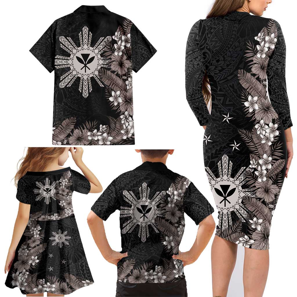 Tropical Hawaii and Philippines Family Matching Long Sleeve Bodycon Dress and Hawaiian Shirt Kanaka Maoli and Sun Badge Batok Tattoo Grayscale LT03 - Polynesian Pride