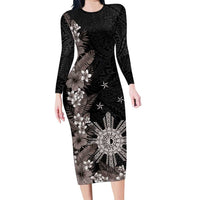 Tropical Hawaii and Philippines Family Matching Long Sleeve Bodycon Dress and Hawaiian Shirt Kanaka Maoli and Sun Badge Batok Tattoo Grayscale LT03 Mom's Dress Black - Polynesian Pride