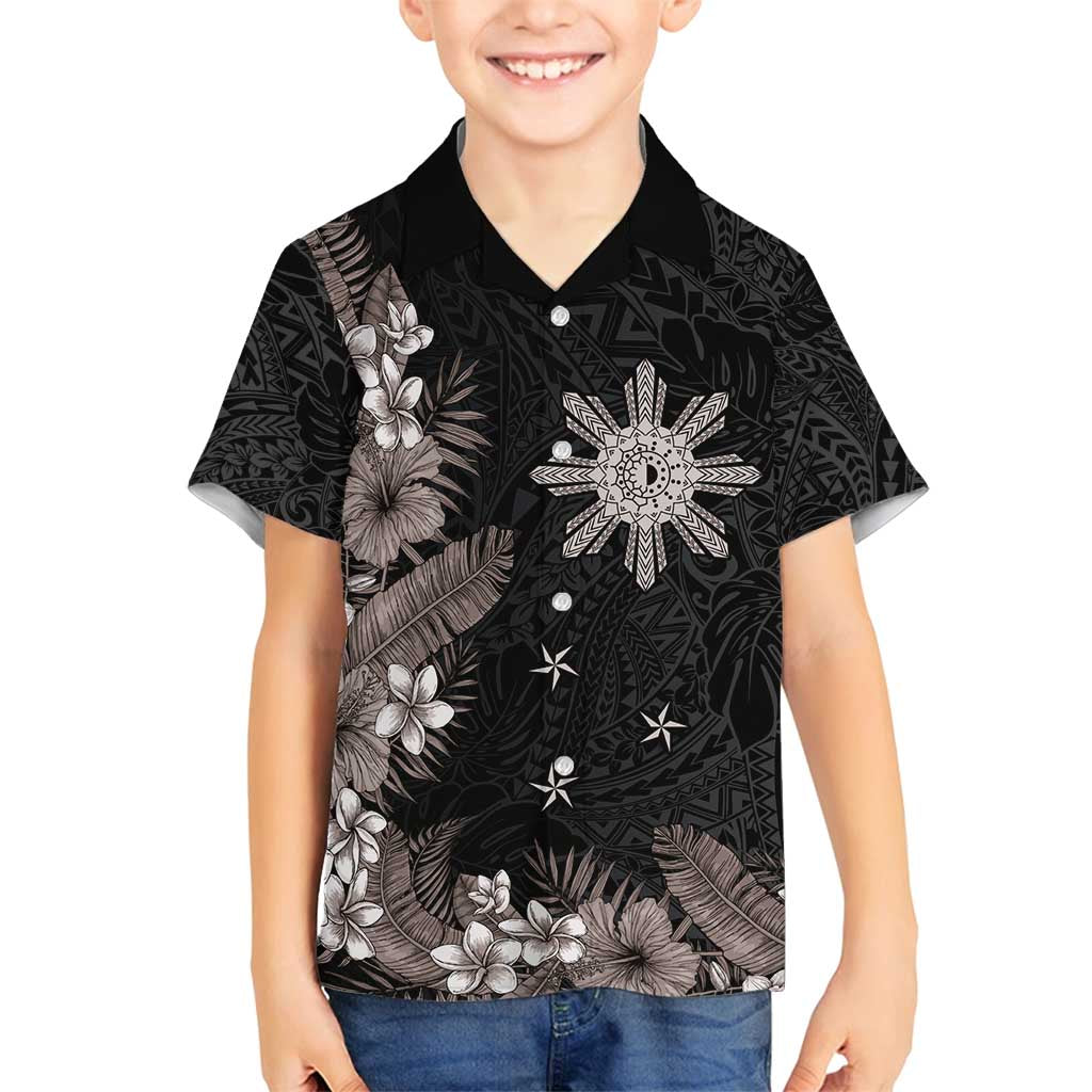 Tropical Hawaii and Philippines Family Matching Long Sleeve Bodycon Dress and Hawaiian Shirt Kanaka Maoli and Sun Badge Batok Tattoo Grayscale LT03 Son's Shirt Black - Polynesian Pride