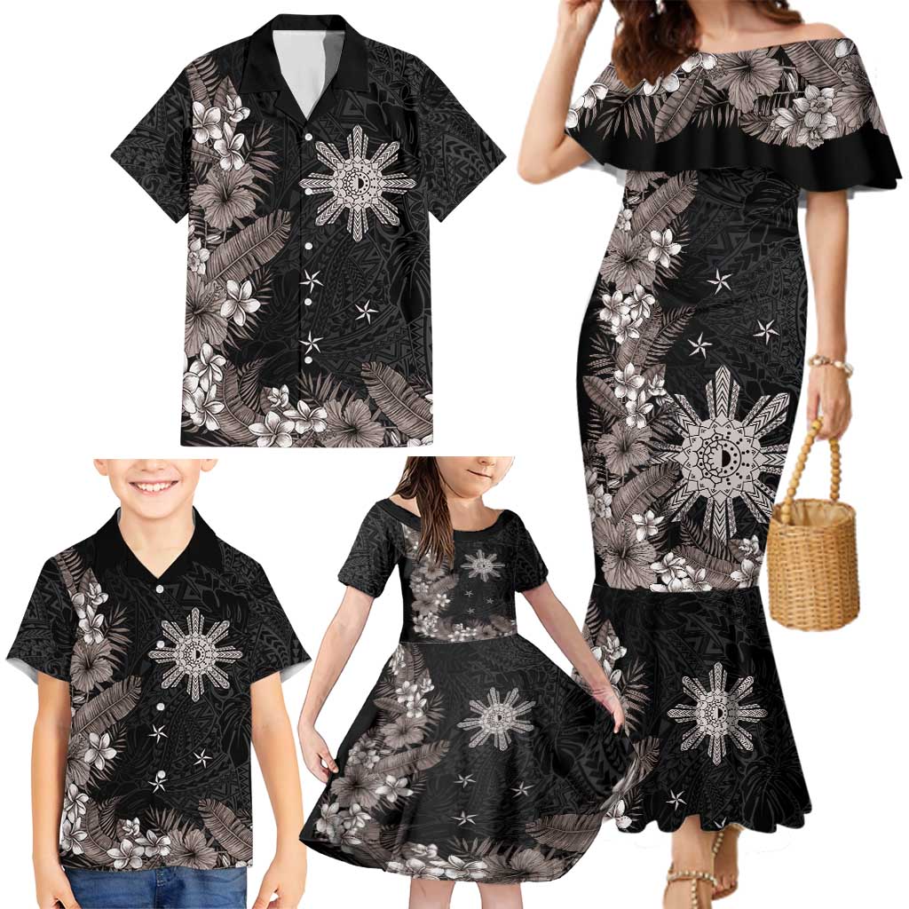 Tropical Hawaii and Philippines Family Matching Mermaid Dress and Hawaiian Shirt Kanaka Maoli and Sun Badge Batok Tattoo Grayscale LT03 - Polynesian Pride