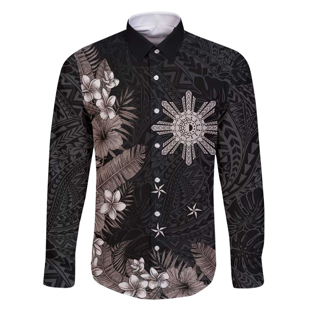 Tropical Hawaii and Philippines Family Matching Mermaid Dress and Hawaiian Shirt Kanaka Maoli and Sun Badge Batok Tattoo Grayscale LT03 Dad's Shirt - Long Sleeve Black - Polynesian Pride