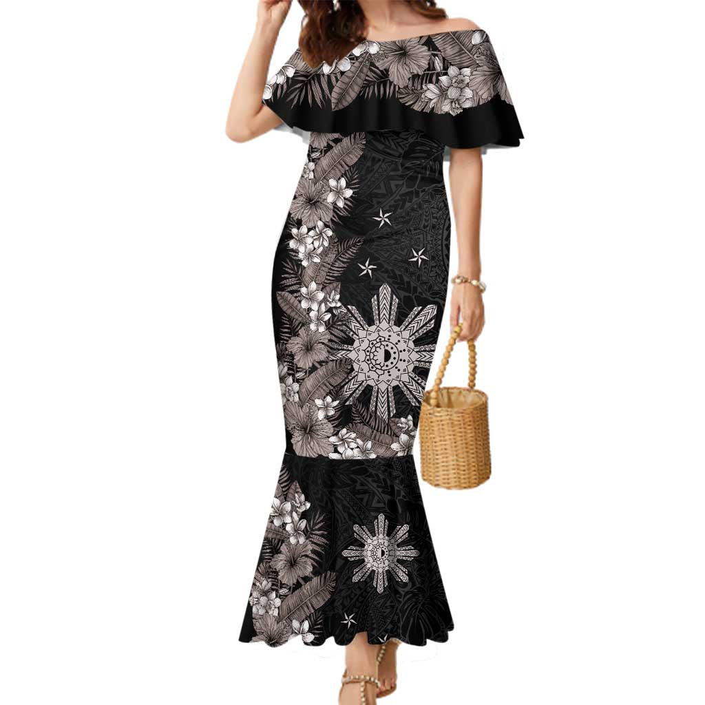 Tropical Hawaii and Philippines Family Matching Mermaid Dress and Hawaiian Shirt Kanaka Maoli and Sun Badge Batok Tattoo Grayscale LT03 Mom's Dress Black - Polynesian Pride