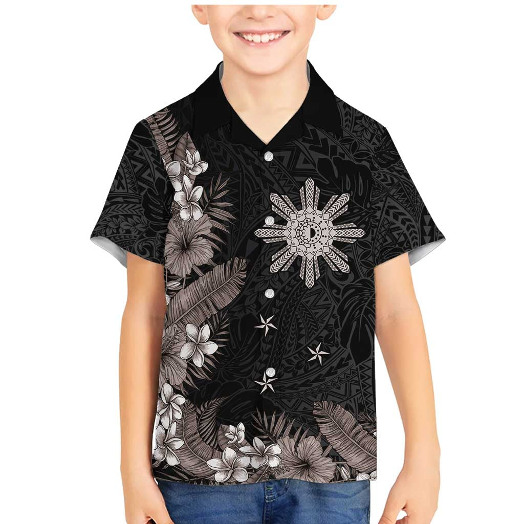 Tropical Hawaii and Philippines Family Matching Mermaid Dress and Hawaiian Shirt Kanaka Maoli and Sun Badge Batok Tattoo Grayscale LT03 Son's Shirt Black - Polynesian Pride