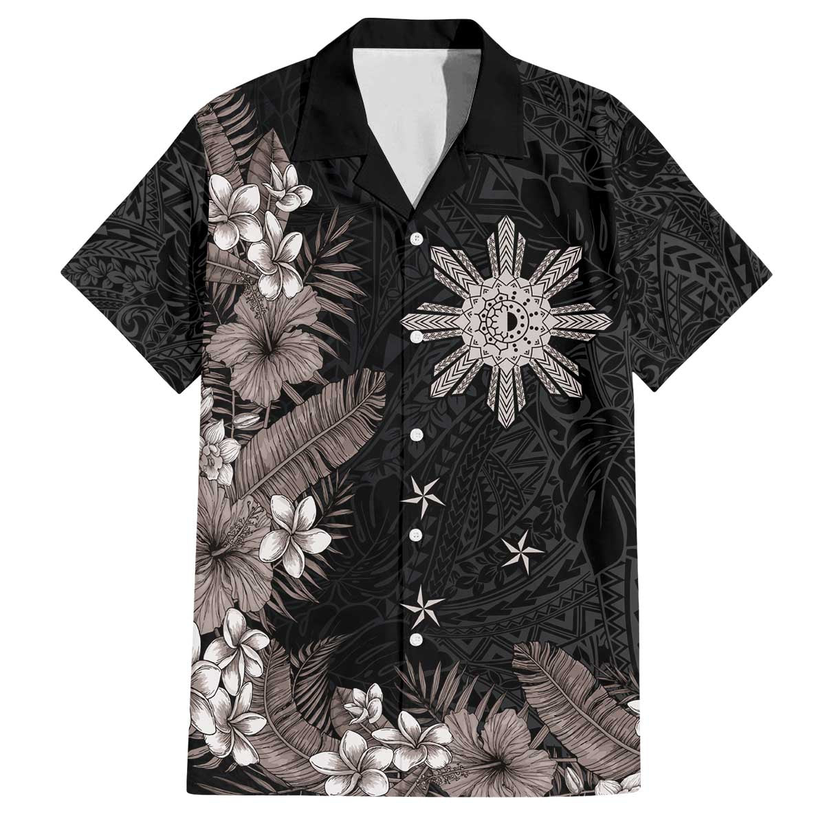 Tropical Hawaii and Philippines Family Matching Off The Shoulder Long Sleeve Dress and Hawaiian Shirt Kanaka Maoli and Sun Badge Batok Tattoo Grayscale LT03 Dad's Shirt - Short Sleeve Black - Polynesian Pride