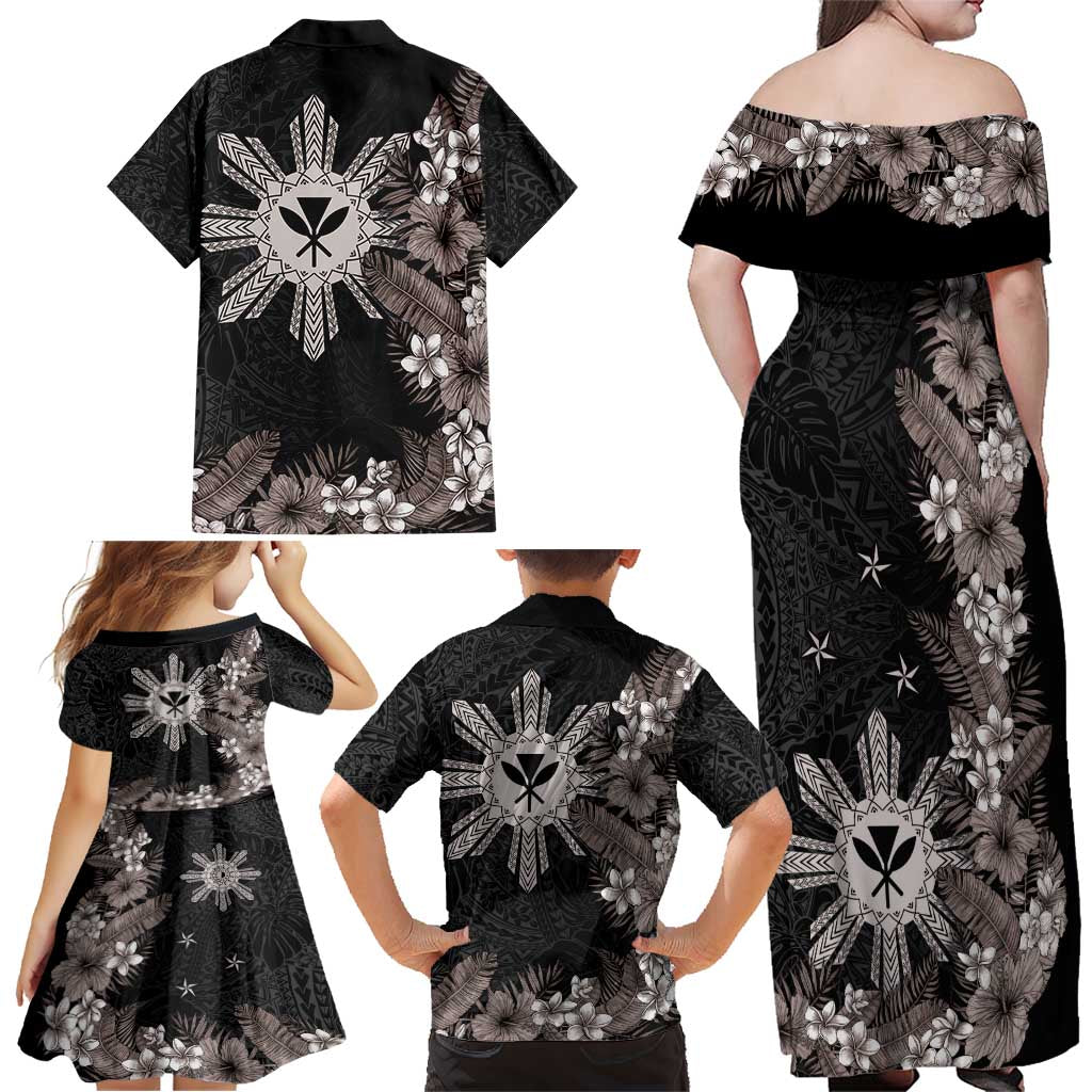 Tropical Hawaii and Philippines Family Matching Off Shoulder Maxi Dress and Hawaiian Shirt Kanaka Maoli and Sun Badge Batok Tattoo Grayscale LT03 - Polynesian Pride