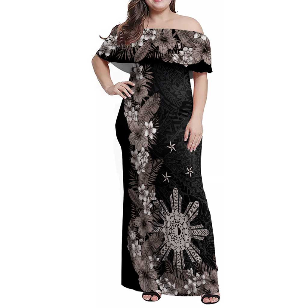 Tropical Hawaii and Philippines Family Matching Off Shoulder Maxi Dress and Hawaiian Shirt Kanaka Maoli and Sun Badge Batok Tattoo Grayscale LT03 Mom's Dress Black - Polynesian Pride