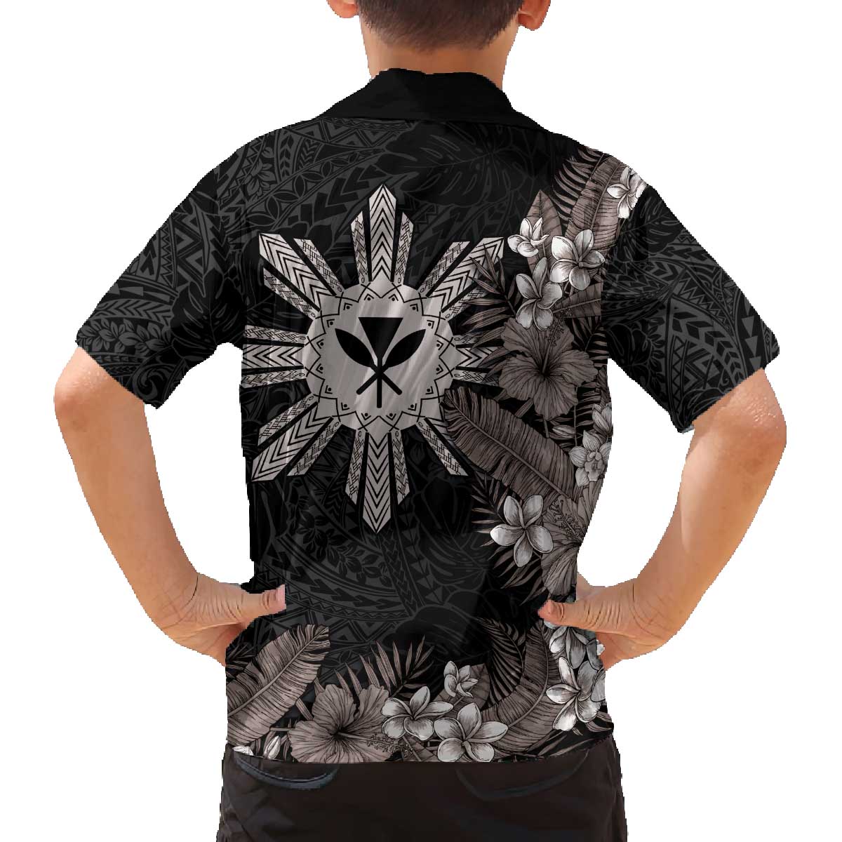 Tropical Hawaii and Philippines Family Matching Off Shoulder Short Dress and Hawaiian Shirt Kanaka Maoli and Sun Badge Batok Tattoo Grayscale LT03 - Polynesian Pride