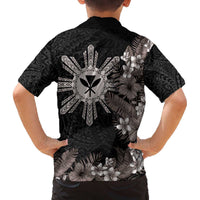 Tropical Hawaii and Philippines Family Matching Off Shoulder Short Dress and Hawaiian Shirt Kanaka Maoli and Sun Badge Batok Tattoo Grayscale LT03 - Polynesian Pride