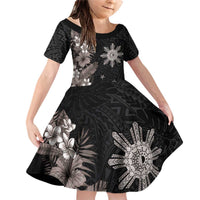 Tropical Hawaii and Philippines Family Matching Off Shoulder Short Dress and Hawaiian Shirt Kanaka Maoli and Sun Badge Batok Tattoo Grayscale LT03 Daughter's Dress Black - Polynesian Pride