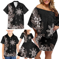 Tropical Hawaii and Philippines Family Matching Off Shoulder Short Dress and Hawaiian Shirt Kanaka Maoli and Sun Badge Batok Tattoo Grayscale LT03 - Polynesian Pride