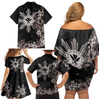 Tropical Hawaii and Philippines Family Matching Off Shoulder Short Dress and Hawaiian Shirt Kanaka Maoli and Sun Badge Batok Tattoo Grayscale LT03 - Polynesian Pride