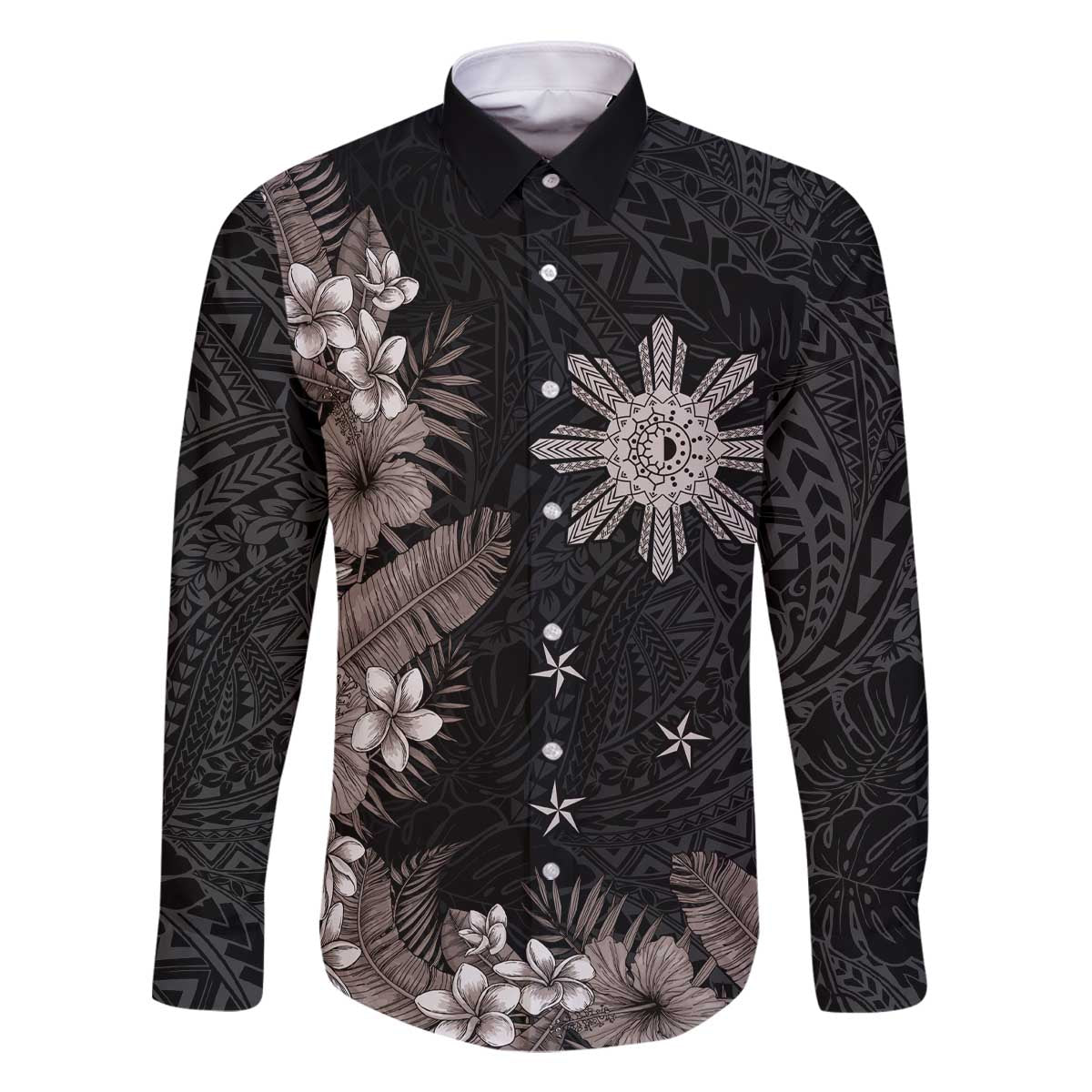 Tropical Hawaii and Philippines Family Matching Off Shoulder Short Dress and Hawaiian Shirt Kanaka Maoli and Sun Badge Batok Tattoo Grayscale LT03 Dad's Shirt - Long Sleeve Black - Polynesian Pride