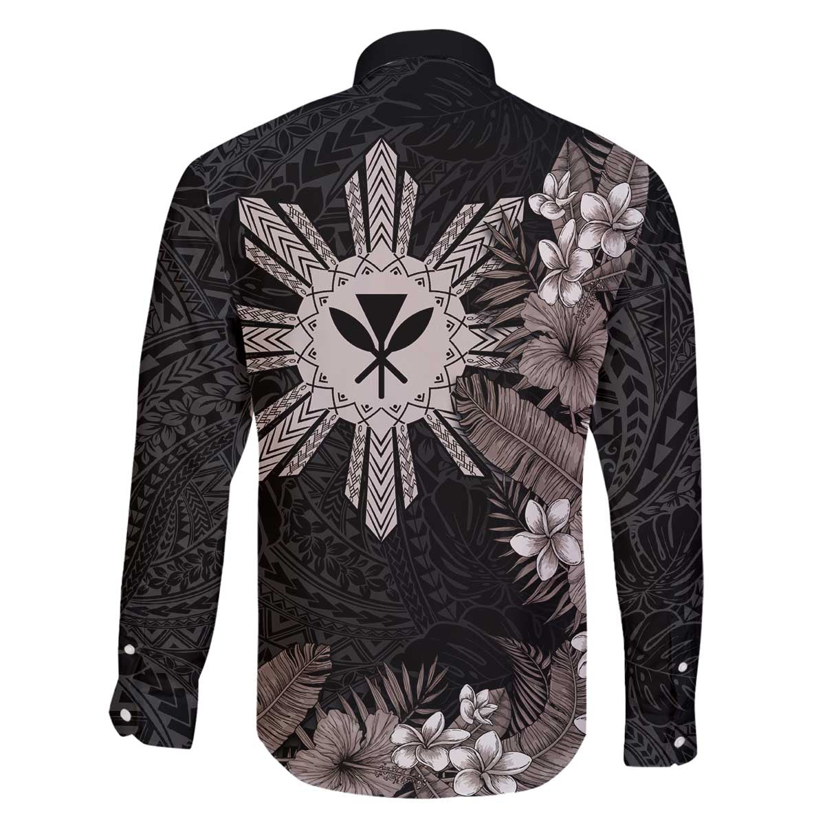 Tropical Hawaii and Philippines Family Matching Off Shoulder Short Dress and Hawaiian Shirt Kanaka Maoli and Sun Badge Batok Tattoo Grayscale LT03 - Polynesian Pride