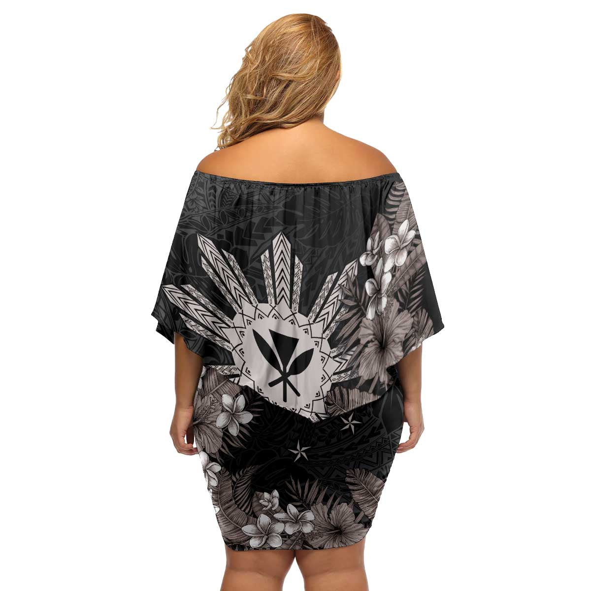 Tropical Hawaii and Philippines Family Matching Off Shoulder Short Dress and Hawaiian Shirt Kanaka Maoli and Sun Badge Batok Tattoo Grayscale LT03 - Polynesian Pride